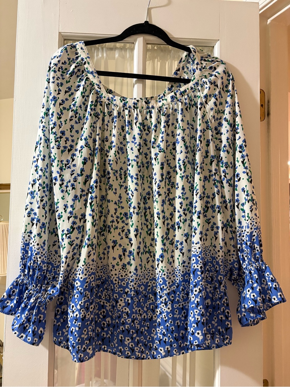 Talbots White Blouse with Blue & Green Floral Border Print